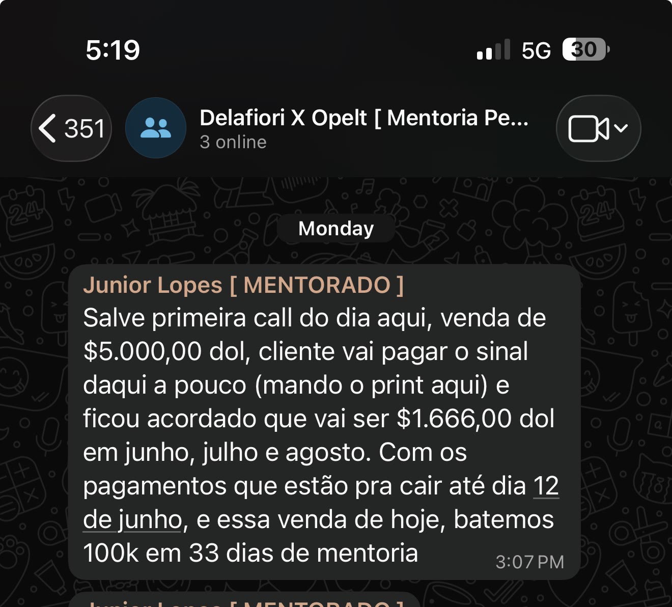 mensagem do Junior batendo 100k em 33 dias